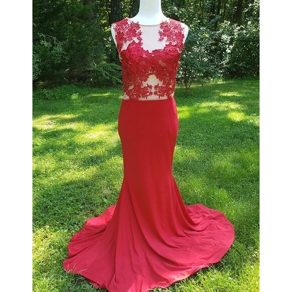 CQ by CQ size medium M Red Mermaid Prom Dress Lace Mesh floral bodice - Picture 11 of 11